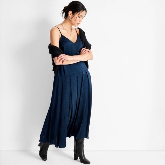 Plus Size 3X Casual navy Blue Spaghetti Strap drop waist Midi Dress - Picture 5 of 11